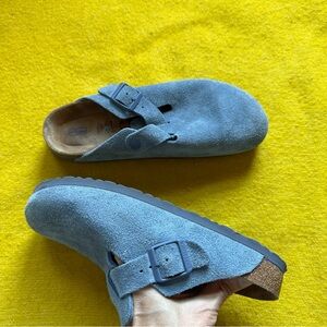 Birkenstock Monochrome Blue Suede Boston Clogs 41